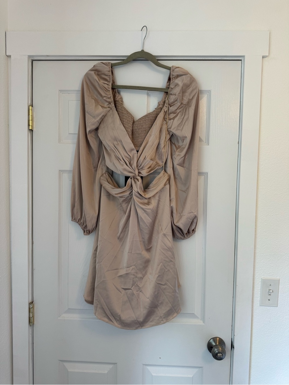 Astr Twist-Front Long Sleeve Mini Dress in Beige